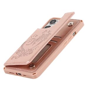 iCoverCase for iPhone 13 Pro Phone Case with Card Holder, iPhone 13 Pro Wallet Case for Women with Strap, RFID Blocking Embossed Leather Kickstand Case for iPhone 13 Pro 6.1 Inch (Heart Rose Gold)