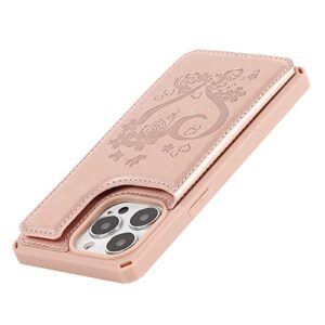 iCoverCase for iPhone 13 Pro Phone Case with Card Holder, iPhone 13 Pro Wallet Case for Women with Strap, RFID Blocking Embossed Leather Kickstand Case for iPhone 13 Pro 6.1 Inch (Heart Rose Gold)