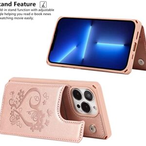 iCoverCase for iPhone 13 Pro Phone Case with Card Holder, iPhone 13 Pro Wallet Case for Women with Strap, RFID Blocking Embossed Leather Kickstand Case for iPhone 13 Pro 6.1 Inch (Heart Rose Gold)