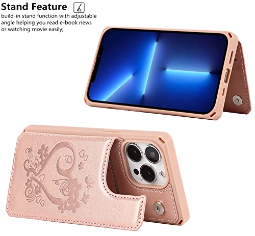 iCoverCase for iPhone 13 Pro Phone Case with Card Holder, iPhone 13 Pro Wallet Case for Women with Strap, RFID Blocking Embossed Leather Kickstand Case for iPhone 13 Pro 6.1 Inch (Heart Rose Gold)