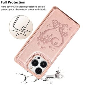 iCoverCase for iPhone 13 Pro Phone Case with Card Holder, iPhone 13 Pro Wallet Case for Women with Strap, RFID Blocking Embossed Leather Kickstand Case for iPhone 13 Pro 6.1 Inch (Heart Rose Gold)