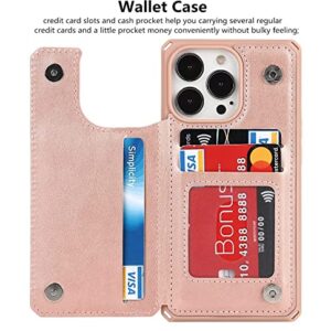 iCoverCase for iPhone 13 Pro Phone Case with Card Holder, iPhone 13 Pro Wallet Case for Women with Strap, RFID Blocking Embossed Leather Kickstand Case for iPhone 13 Pro 6.1 Inch (Heart Rose Gold)