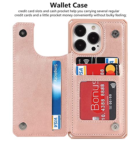 iCoverCase for iPhone 13 Pro Phone Case with Card Holder, iPhone 13 Pro Wallet Case for Women with Strap, RFID Blocking Embossed Leather Kickstand Case for iPhone 13 Pro 6.1 Inch (Heart Rose Gold)