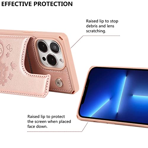 iCoverCase for iPhone 13 Pro Phone Case with Card Holder, iPhone 13 Pro Wallet Case for Women with Strap, RFID Blocking Embossed Leather Kickstand Case for iPhone 13 Pro 6.1 Inch (Heart Rose Gold)