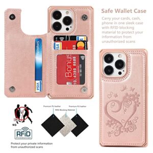 iCoverCase for iPhone 13 Pro Phone Case with Card Holder, iPhone 13 Pro Wallet Case for Women with Strap, RFID Blocking Embossed Leather Kickstand Case for iPhone 13 Pro 6.1 Inch (Heart Rose Gold)