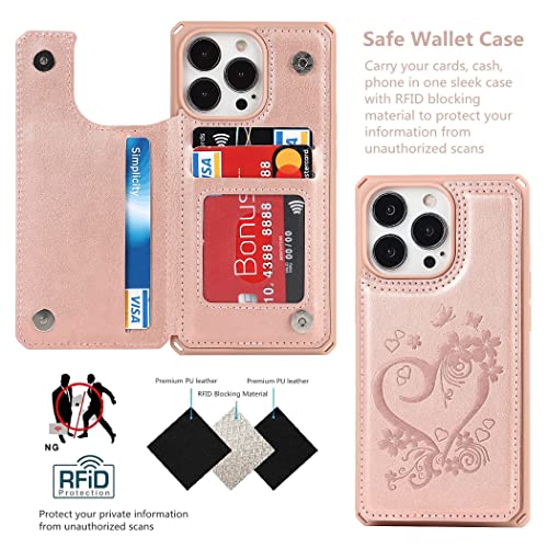 iCoverCase for iPhone 13 Pro Phone Case with Card Holder, iPhone 13 Pro Wallet Case for Women with Strap, RFID Blocking Embossed Leather Kickstand Case for iPhone 13 Pro 6.1 Inch (Heart Rose Gold)