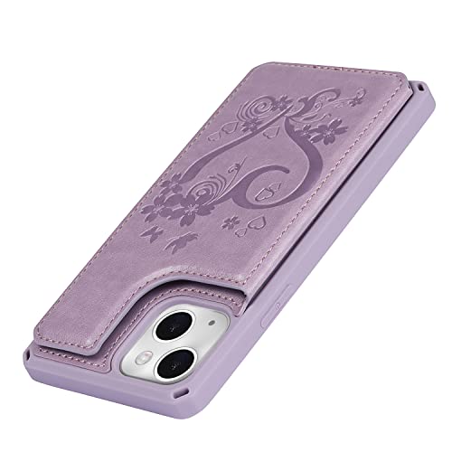 iCoverCase for iPhone 13 Wallet Case with Card Slots Holder Kickstand [RFID Blocking] Embossed Leather Magnetic Shockproof Cover with Wrist Strap (Heart Purple), Purple