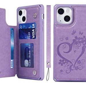 iCoverCase for iPhone 13 Wallet Case with Card Slots Holder Kickstand [RFID Blocking] Embossed Leather Magnetic Shockproof Cover with Wrist Strap (Heart Purple), Purple