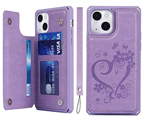 iCoverCase for iPhone 13 Wallet Case with Card Slots Holder Kickstand [RFID Blocking] Embossed Leather Magnetic Shockproof Cover with Wrist Strap (Heart Purple), Purple