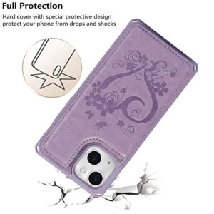 iCoverCase for iPhone 13 Wallet Case with Card Slots Holder Kickstand [RFID Blocking] Embossed Leather Magnetic Shockproof Cover with Wrist Strap (Heart Purple), Purple