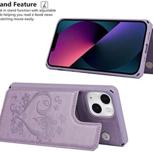 iCoverCase for iPhone 13 Wallet Case with Card Slots Holder Kickstand [RFID Blocking] Embossed Leather Magnetic Shockproof Cover with Wrist Strap (Heart Purple), Purple