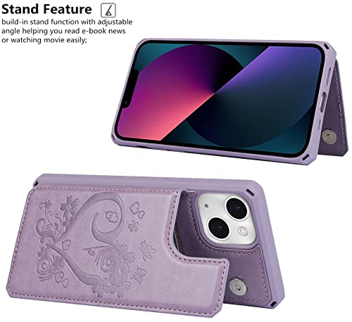 iCoverCase for iPhone 13 Wallet Case with Card Slots Holder Kickstand [RFID Blocking] Embossed Leather Magnetic Shockproof Cover with Wrist Strap (Heart Purple), Purple