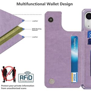 iCoverCase for iPhone 13 Wallet Case with Card Slots Holder Kickstand [RFID Blocking] Embossed Leather Magnetic Shockproof Cover with Wrist Strap (Heart Purple), Purple