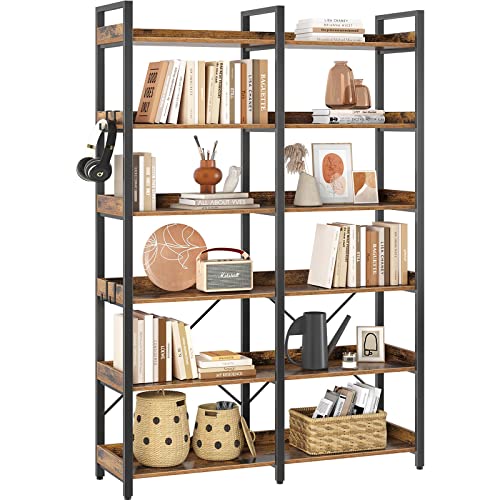 Seventable Bookshelf 6 Tier with 4 Hooks, 69” Industrial Wooden Bookcase, Vintage Storage Rack with Open Shelves, Rustic Standing Bookshelves Metal Frame 47.3” Wide Display Rack, Rustic Brown