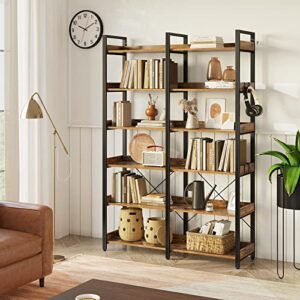 Seventable Bookshelf 6 Tier with 4 Hooks, 69” Industrial Wooden Bookcase, Vintage Storage Rack with Open Shelves, Rustic Standing Bookshelves Metal Frame 47.3” Wide Display Rack, Rustic Brown