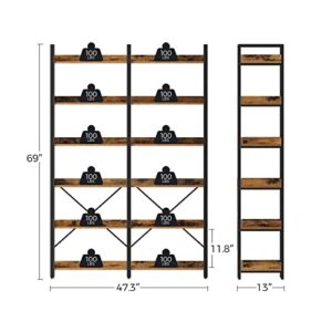 Seventable Bookshelf 6 Tier with 4 Hooks, 69” Industrial Wooden Bookcase, Vintage Storage Rack with Open Shelves, Rustic Standing Bookshelves Metal Frame 47.3” Wide Display Rack, Rustic Brown