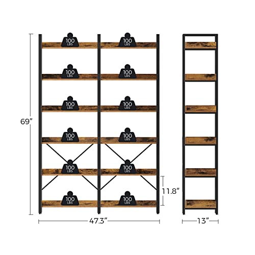 Seventable Bookshelf 6 Tier with 4 Hooks, 69” Industrial Wooden Bookcase, Vintage Storage Rack with Open Shelves, Rustic Standing Bookshelves Metal Frame 47.3” Wide Display Rack, Rustic Brown