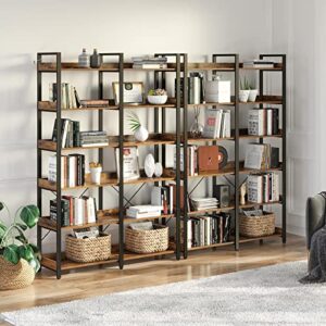 Seventable Bookshelf 6 Tier with 4 Hooks, 69” Industrial Wooden Bookcase, Vintage Storage Rack with Open Shelves, Rustic Standing Bookshelves Metal Frame 47.3” Wide Display Rack, Rustic Brown