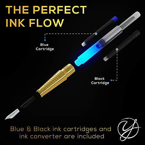 Yokra Fountain Pen Set with Ink and Converter (No Instructions Included)- Caligraphy Pens for Writing, Medium Nib, 6 Ink Cartridges (3 Black ink,3 Blue ink), Best Pens for Smooth Writing Journaling