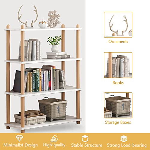 IOTXY 4-Tier Wooden Shelf Bookcase - Modern Open Bookshelf, Free Standing Storage Rack, Multifunctional Display Stand for Home and Office, White, Rectangle
