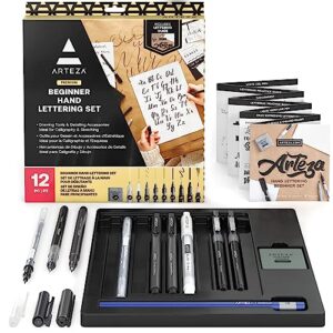 arteza hand lettering pens, 12-piece calligraphy set for beginners, 5 micro-line pens, 2 twimarkers, gel pen, bullet marker, pencil, & eraser, art supplies with a guidebook