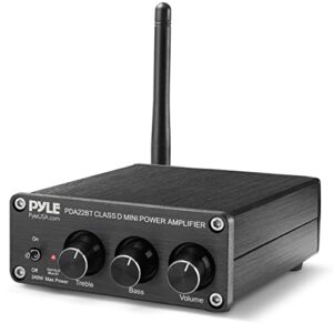 pyle compact powerful home audio amplifier receiver mini with bluetooth 5.0 desktop blue series 2 x 100 watt for home speakers w/bass &treble control - pda22bt