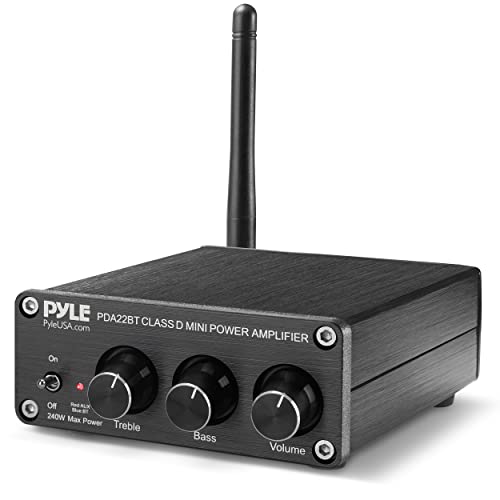 Pyle Compact Powerful Home Audio Amplifier Receiver Mini with Bluetooth 5.0 Desktop Blue Series 2 x 100 Watt for Home Speakers w/Bass &Treble Control - PDA22BT