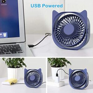 Personal Desk Fans Small Quiet - Mini Cute Desk Fan, USB Powered, 3 Wind Speeds, 360° Rotatable, Little Portable Table Fans Fast Cooling for Home Bedroom Nightstand Office Work Desktop Dorm (Blue)