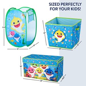 Idea Nuova Baby Shark 4 Piece Storage Solution Set with Pop Up Hamper, Collapsible Storage Trunk and 2 Nestable Storage Bins