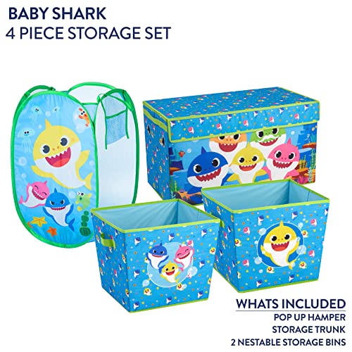 Idea Nuova Baby Shark 4 Piece Storage Solution Set with Pop Up Hamper, Collapsible Storage Trunk and 2 Nestable Storage Bins