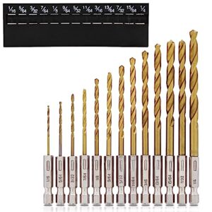 abn hex shank drill bit set - 13pc 1/4in hex shank high speed steel with titanium coating twist drill bit set for sheet metal, wood, plastic