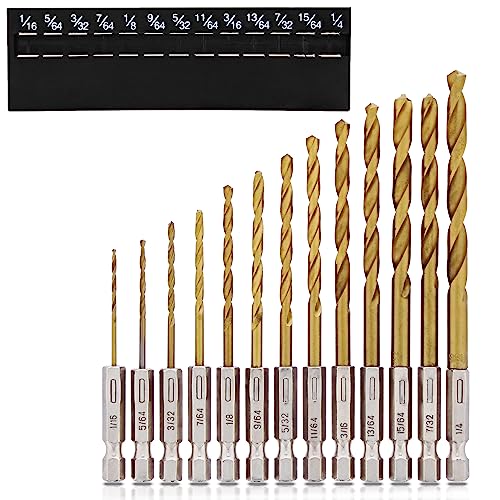 ABN Hex Shank Drill Bit Set - 13pc 1/4in Hex Shank High Speed Steel with Titanium Coating Twist Drill Bit Set for Sheet Metal, Wood, Plastic