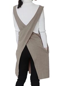 aobbybbs cotton linen apron halter crossback bandage aprons japanese style x shape pocket (khaki)