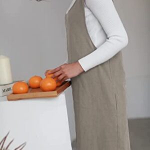 AOBBYBBS Cotton Linen Apron Halter CrossBack Bandage Aprons Japanese Style X Shape Pocket (Khaki)