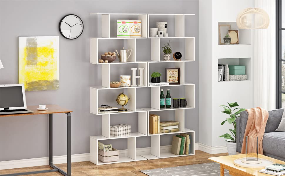 Function Home Geometric Bookcase, S Shaped Bookshelf, Modern Freestanding Decorative Display Shelves, White Book Shelf for Bedroom Living Room Office