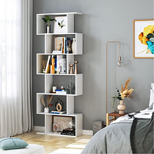 Function Home Geometric Bookcase, S Shaped Bookshelf, Modern Freestanding Decorative Display Shelves, White Book Shelf for Bedroom Living Room Office