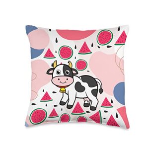aesthetic pink cow watermelon for girls baby pink watermelon cow aesthetic pattern kawaii throw pillow, 16x16, multicolor