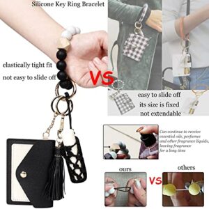 BIHRTC Keyring Wallet Keychain Silicone Beads Bracelet Wristlet with Hand-knitted Net Chapstick Holder Bag PU leather Tassel for Women and Girls House Car Keys Ring Holder Bangle