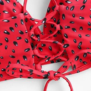 ZAFUL Women's Sexy Triangle Bikini Set Watermelon Print Spaghetti Strap 2 Piece Swimsuit Crisscross Low Cut Bathing Suit Red M