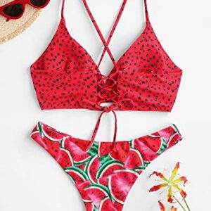 ZAFUL Women's Sexy Triangle Bikini Set Watermelon Print Spaghetti Strap 2 Piece Swimsuit Crisscross Low Cut Bathing Suit Red M