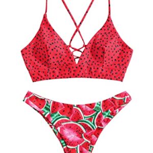 ZAFUL Women's Sexy Triangle Bikini Set Watermelon Print Spaghetti Strap 2 Piece Swimsuit Crisscross Low Cut Bathing Suit Red M
