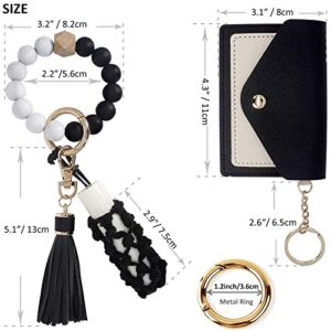 BIHRTC Keyring Wallet Keychain Silicone Beads Bracelet Wristlet with Hand-knitted Net Chapstick Holder Bag PU leather Tassel for Women and Girls House Car Keys Ring Holder Bangle