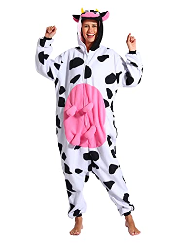 Adult Cow One-Piece Pajamas Animal Cosplay Halloween Costume for Men Women