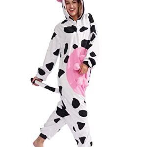 Adult Cow One-Piece Pajamas Animal Cosplay Halloween Costume for Men Women