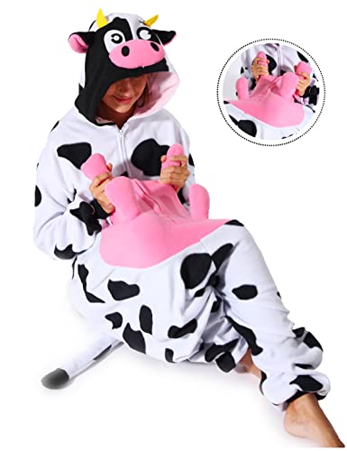 Adult Cow One-Piece Pajamas Animal Cosplay Halloween Costume for Men Women