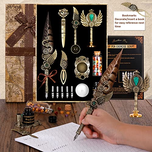Antique Mechanical Gear Feather Pen Calligraphy Pen Set, Quill Pen Ink Set, Beginner Calligraphy Pen Quill pen, Wax Seal Stamp Kit, Calligraphy Copybook,Suitable for beginners/calligraphy lovers.
