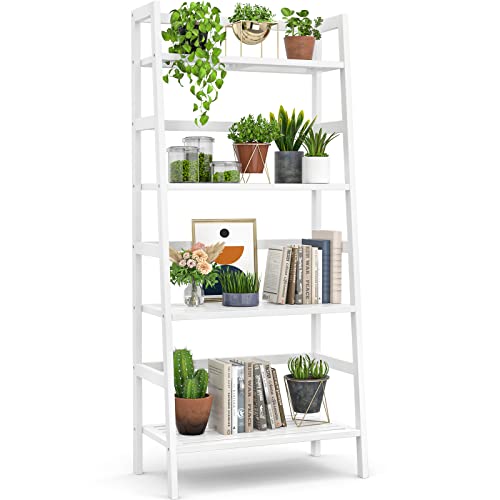 Homykic Ladder White Bookshelf, 4-Tier Bamboo Ladder Shelf 49.2” Book Shelf Bookcase Floor Freestanding Bathroom Storage Rack Plant Stand for Small Space, Bedroom, Living Room, Easy to Assemble