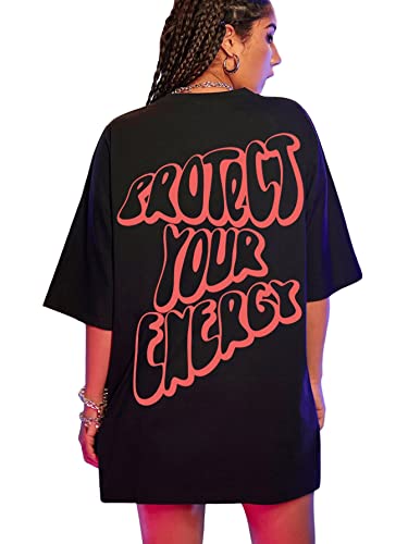 SweatyRocks Women's Short Sleeve Round Neck Tee Graphic Oversized T-Shirt Black L