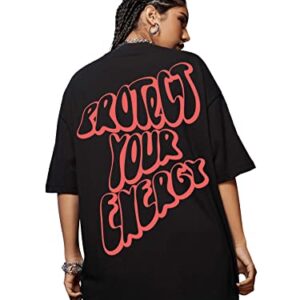 SweatyRocks Women's Short Sleeve Round Neck Tee Graphic Oversized T-Shirt Black L