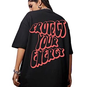 SweatyRocks Women's Short Sleeve Round Neck Tee Graphic Oversized T-Shirt Black L